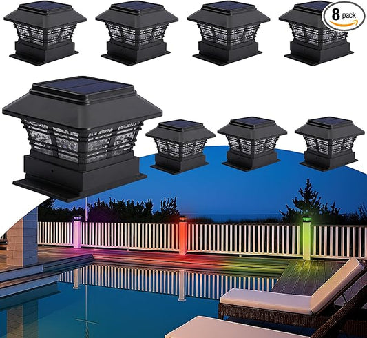 RGB Solar Post Lights with 5 Lighting Modes, Deck Lights Solar Powered for Yard, 4x4 Wood Fence Post Cap, IP65 Waterproof (8 Pack)