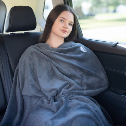 BlueHills Premium Soft Travel Blanket Pillow Airplane Flight Blanket Throw Bag Pillowcase Compact Large 2 in 1 Combo Warm Traveling Plane Essentials Portable Gifts Lightweight Grey Gray T007