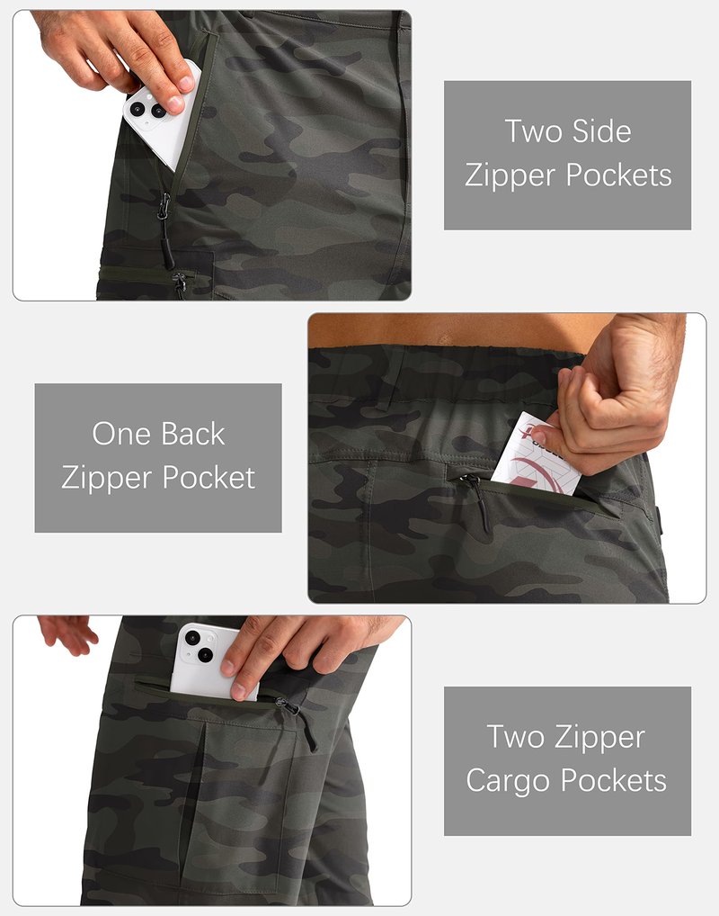 Pudolla Men's Hiking Cargo Shorts 9" Lightweight Outdoor Work Shorts for Men Travel Golf Camping Casual with 5 Zipper Pockets(Green Camo XX-Large)