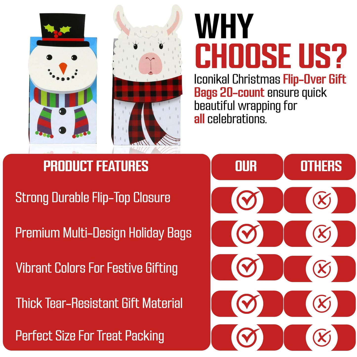 Iconikal Christmas Die-Cut Flip Over Gift Bags, 20-Count - Cute Holiday Treat Bags with Festive Animal Designs