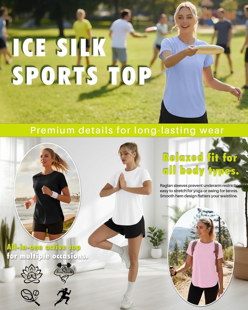 JoyMotion 4 Pack Women's Workout Shirts Quick Dry Athletic Tops Short Sleeve Loose Gym Yoga Running Tee Curved Hem Side Split(X-Large,Black, Sky Blue, Light Pink, White)