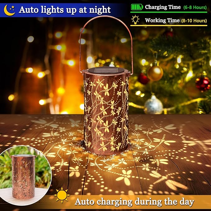 2 Pack Solar Lanterns Outdoor Waterproof Dragonfly Lantern Garden Decor Birthday Gifts for Women Mom Grandma Hanging Solar Lights Metal Decoration for Yard, Patio, Backyard, Porch
