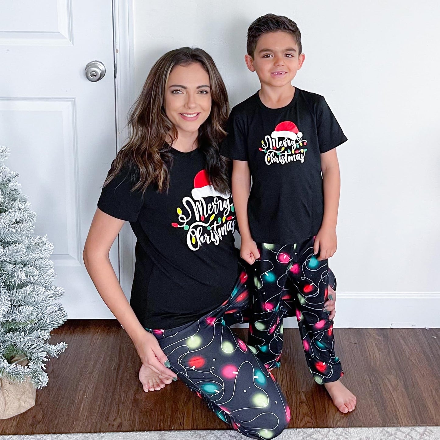IFFEI Christmas Pajamas for Family Letter Print Matching Holiday PJ's Sets with Short Sleeve Tee and Pants Loungewear Men M Black Red