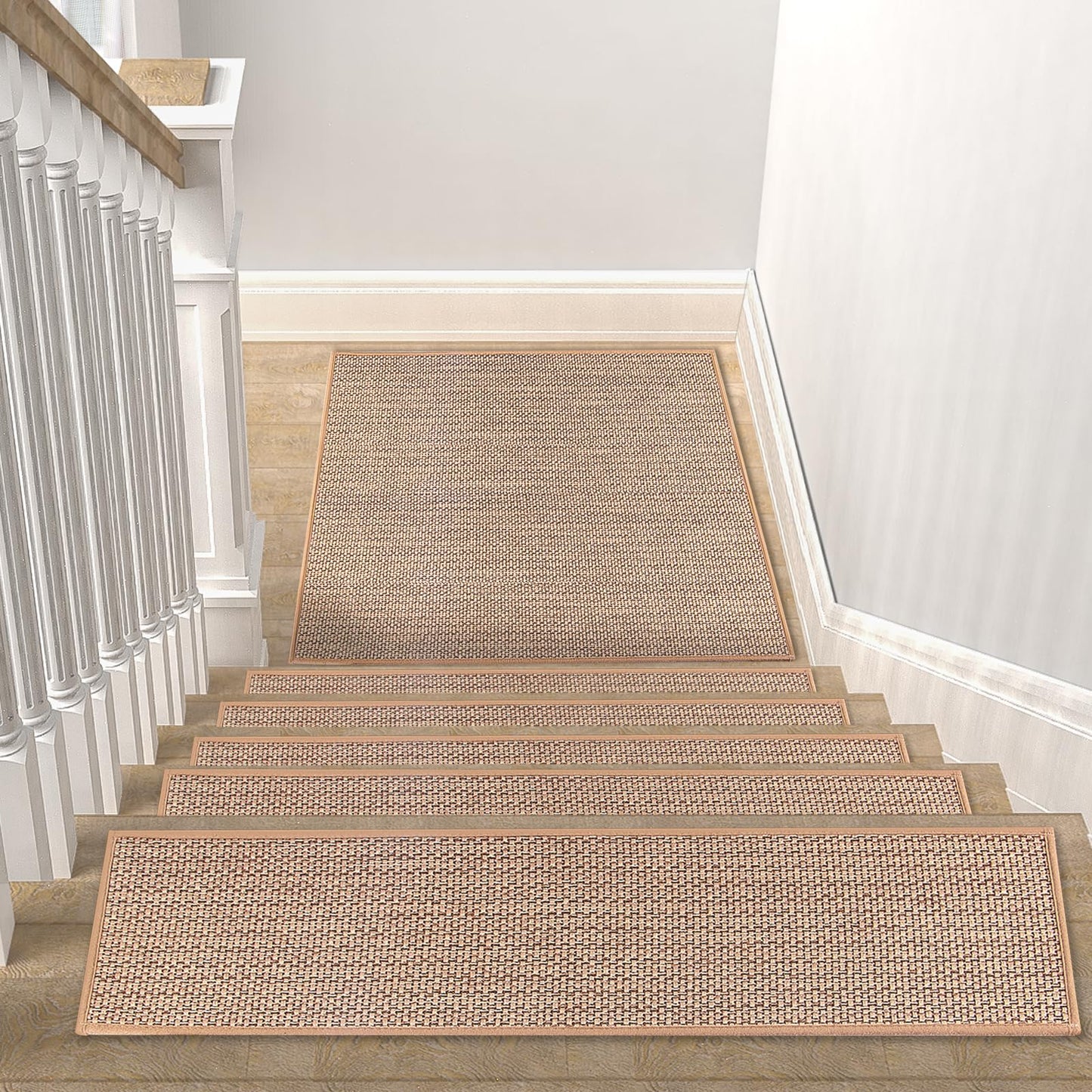 Stair Landing Rug for Wooden Steps, Stair Mats Non Slip Indoor with Self-Adhesive Stair Treads Landing Mat for Kids Elders and Pets(1Pcs, Beige, 31" * 31")