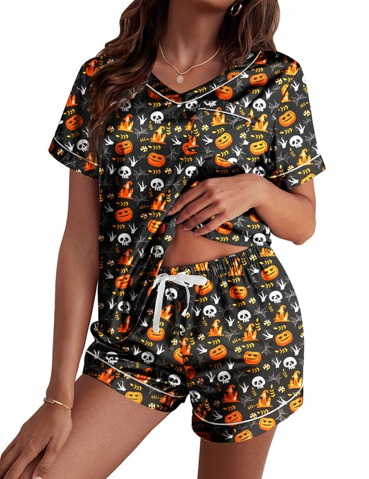 Ekouaer Silk Pajama for Women Short Sleeve Satin Pj Set Two Piece Soft Sleepwear Loungewear, Black Pumpkin & Spider Web, M