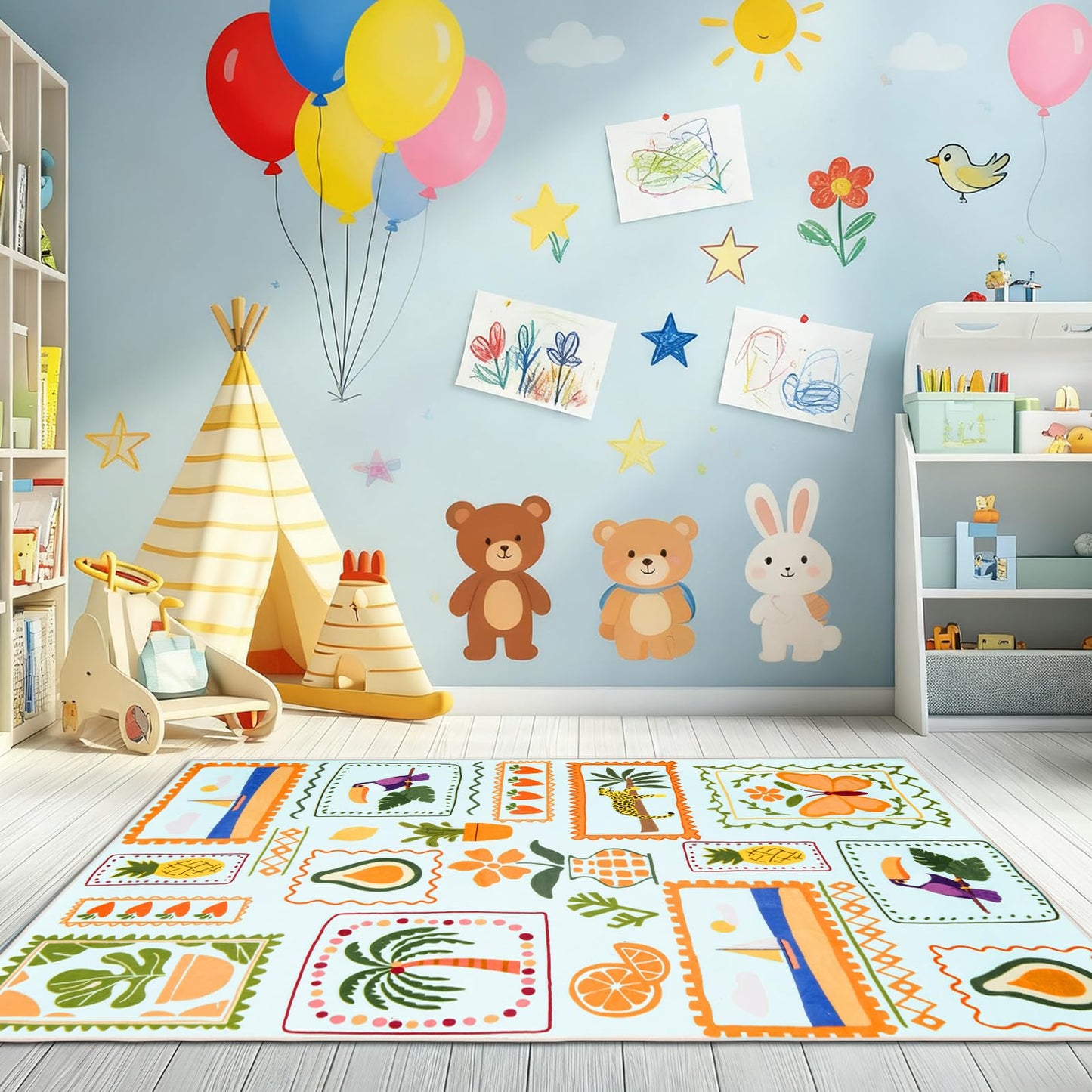 Instellar 5x7 Washable Kids Rug, Soft Low Pile Large Area Rugs with Non-Slip Plant & Animal Pattern Carpet for Nursery Bedroom Playroom Classroom Living Room,Light Blue