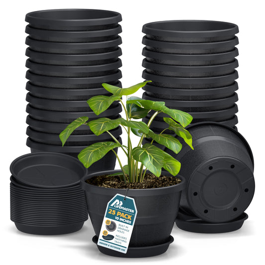 10-Inch Whiskey Barrel Planters Outdoor Pack of 25 - Durable Plastic Plant Pots for Indoor & Outdoor Use with Drainage & Saucer, Lightweight Rustic Barrel Planters for Flowers, Herbs & Small Plants