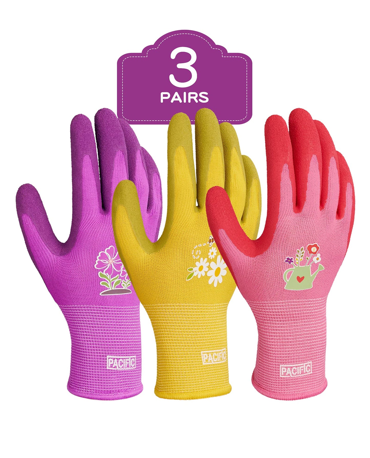 PACIFIC 3 Pairs Gardening Gloves for women, Rubber Coated Garden Gloves, Ladies Yard Work Gloves, Breathable, Purple & Yellow & Red, Medium