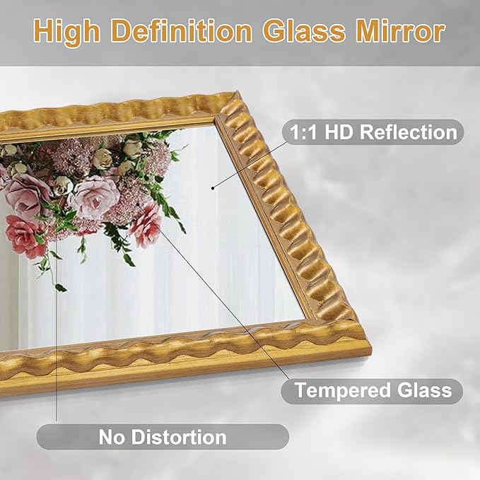 Gold Decorative Mirror for Living Room, 39'' X 27'' Rectangular Wall Mirror with Wavy Wood Frame, Unique Gold Wood Mirror for Bathroom, Dining Room, Entryway, Hallway