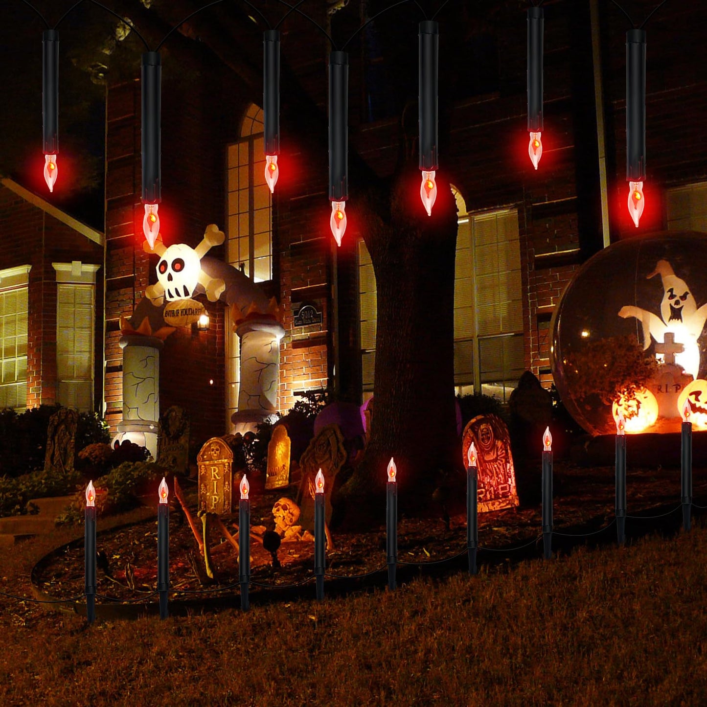 Halloween Pathway Lights Outdoor, 19.5Ft Halloween Pathway Marker String Lights with 10 C18 Flicker Flame Black Candles Stakes Lights Plug in Walkway Light for Lawn Garden Sidewalk Driveway