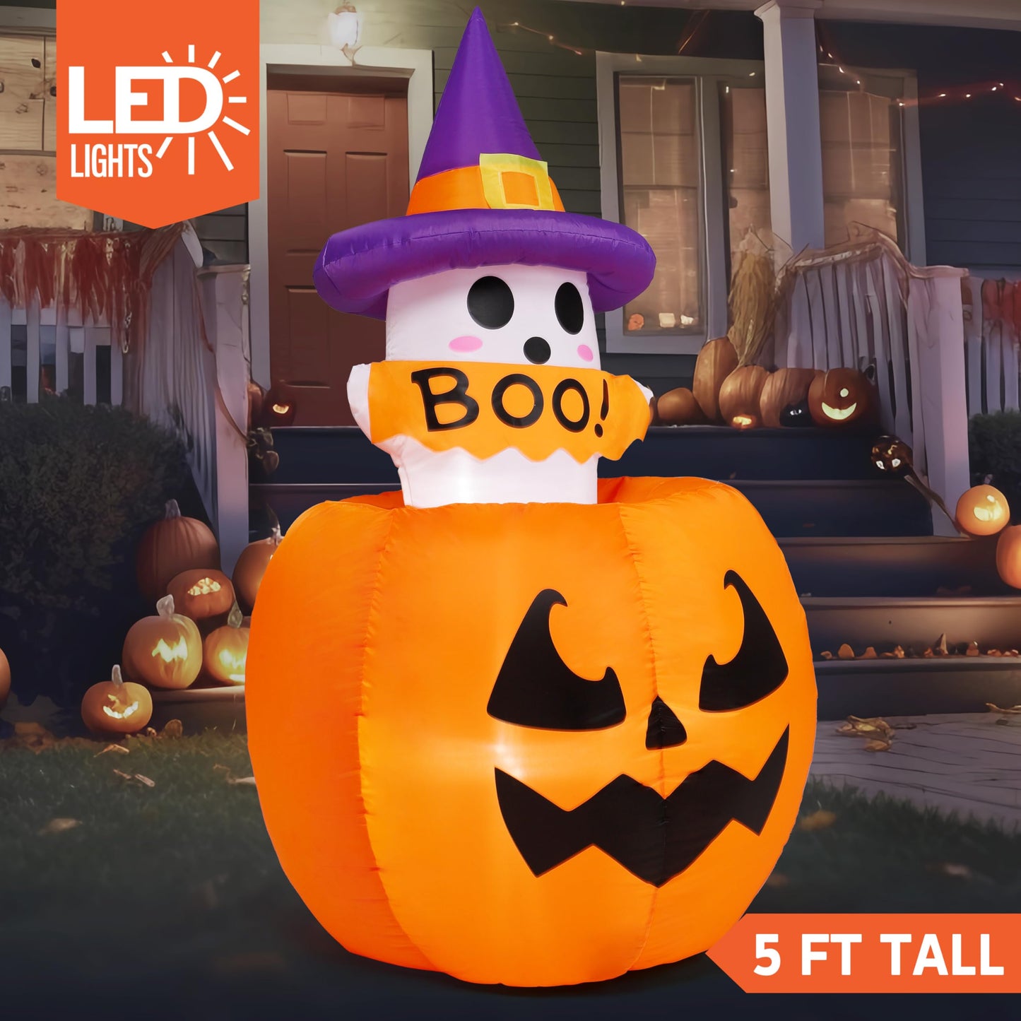 Joiedomi 5ft Tall Halloween Animated Inflatables Outdoor Decorations, Inflatable Ghost on Pumpkin with LEDs, Cute Blow Up Pumpkin Ghost Decor for Outside Yard Outdoor Lawn Garden Party Decoration