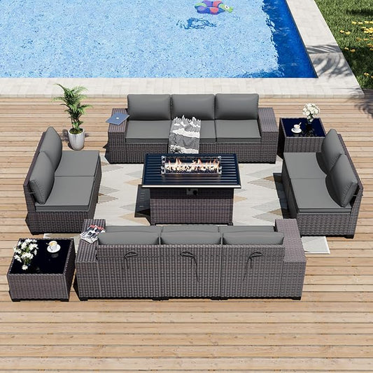 ALAULM 13 Pieces Outdoor Patio Furniture Set with Propane Fire Pit Table Outdoor Sectional Sofa Sets Patio Furniture 43" Gas Fire Pit Brown PE Rattan Patio Conversation Set w/10 Cushions (Grey)