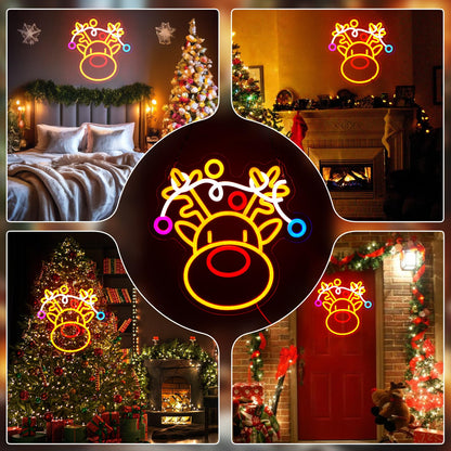 FITNATE Christmas Reindeer Neon Sign, LED Wall Decor Dimmable Elk Neon Light, Light Up Sign for Home Window Party Christmas Decoration