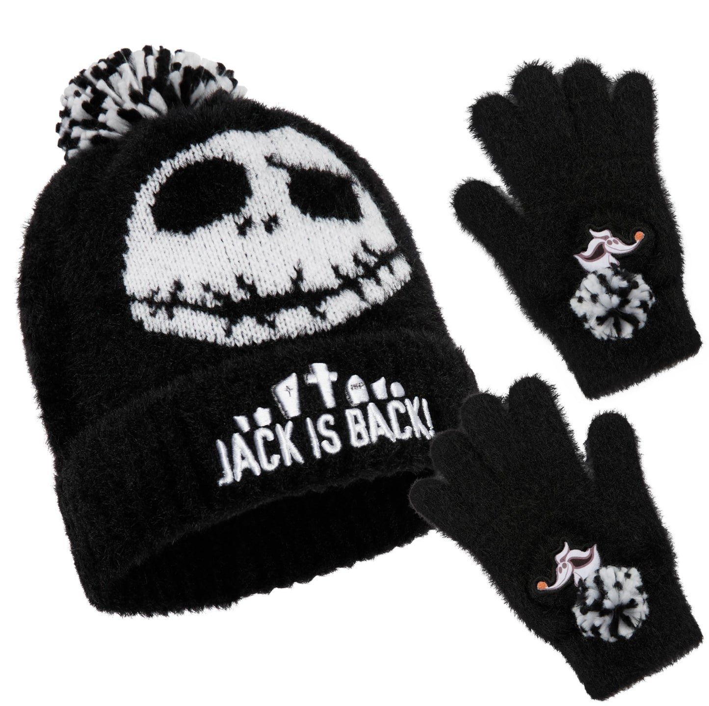 Disney The Nightmare Before Christmas Beanie Hat Gloves Set for Girls Teens, 6-14 Yrs, 2 Pc Set Travel Winter Gifts for Girls (6-14 Years, Black Jack)