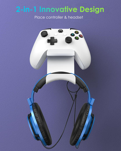 6amLifestyle Controller and Headphone Wall Mount Holder Stand with Cord Hanger for PS5 PS4 Xbox One Switch Pro Gamepad Controller Hook Strong Adhesive/Screws, White