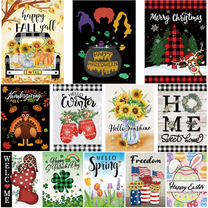 Pating Seasonal Garden Flags Set of 12 Double Sided 12 x 18 Inch, Small Yard Flags for Outside, Christmas Halloween Easter Valentine's Day Outdoor Decor, Holiday Garden Decorations for All Seasons