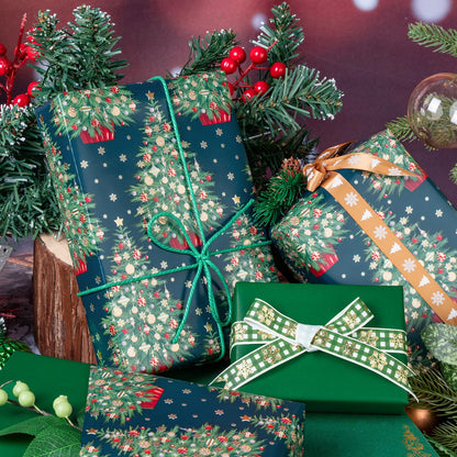 WRAPAHOLIC Reversible Green Christmas Wrapping Paper - Mini Roll - 17 Inch x 33 Feet - Green Christmas Tree Wrapping Paper for Holiday, Party Celebration