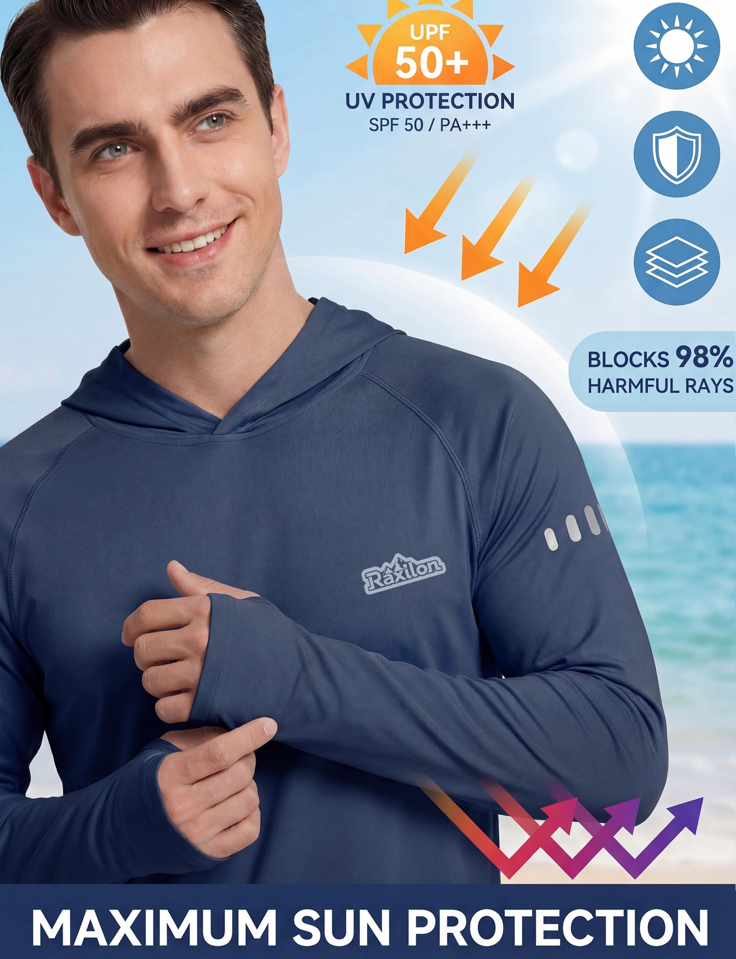 Raxilon 3 Pack UPF 50+ Sun Protection Mens Hoodie Long Sleeve SPF Fishing Shirt Swim Rash Guard Athletic Workout Tops