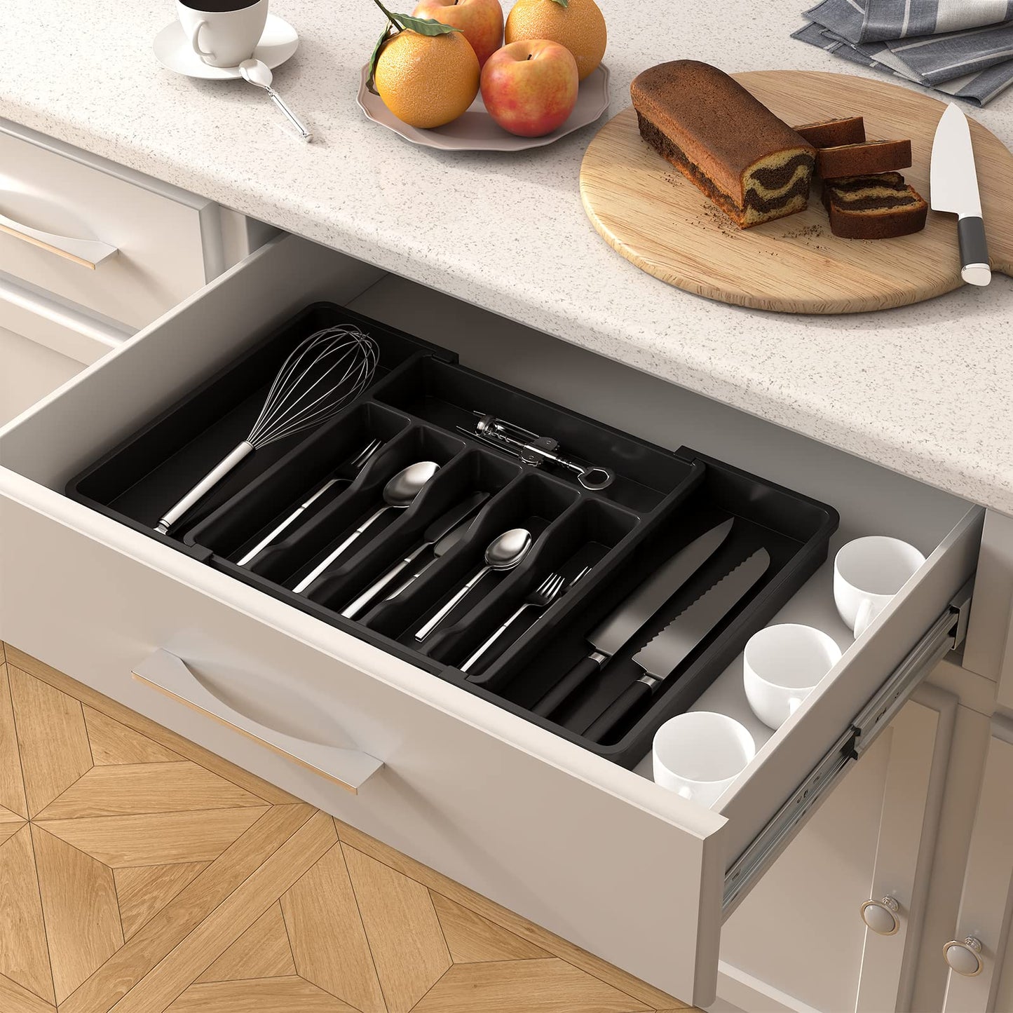 Lifewit Large Cutlery Drawer Organiser, Extendable Cutlery Tray, Kitchen Utensil Spoons Forks Knives Holder Storage, 8 Compartment, Black