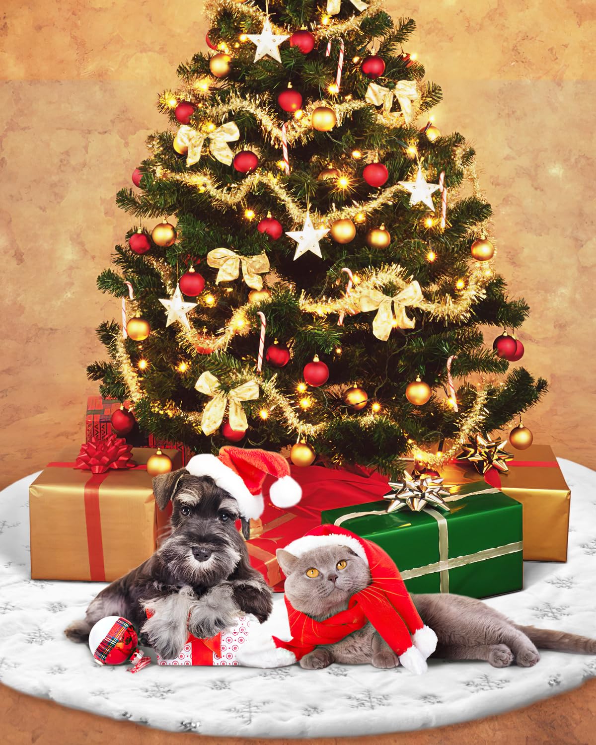 COOLWUFAN 48 Inches Faux Fur Christmas Tree Skirt for Xmas Tree Holiday Party Decorations White Plush Silver Sequin Snowflake (Silver)