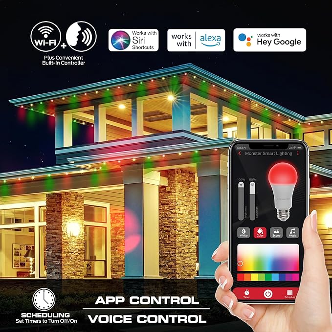 Monster Smart Permanent Outdoor Lights, 150ft, 108 LED Eaves Lights, RGB+IC+WW, Weather & Water Resistant, App & Voice Control, Compatible with Alexa & Google, Halloween, Christmas, Year-Round