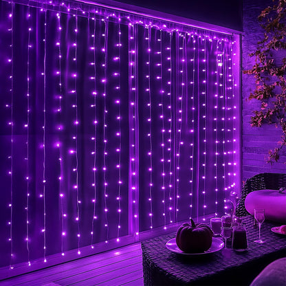 Dazzle Bright 300 LED Curtain String Lights, Halloween Fairy Lights for Bedroom with 8 Lighting Modes, Connectable Waterproof Window Light Party Wedding Garden Wall Decor, Purple