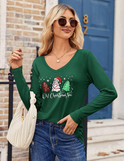 Zeagoo Christmas T Shirt Womens Long Sleeve Shirt Xmas Print Tree T-Shirt Holiday Graphic Tee Tops Green M