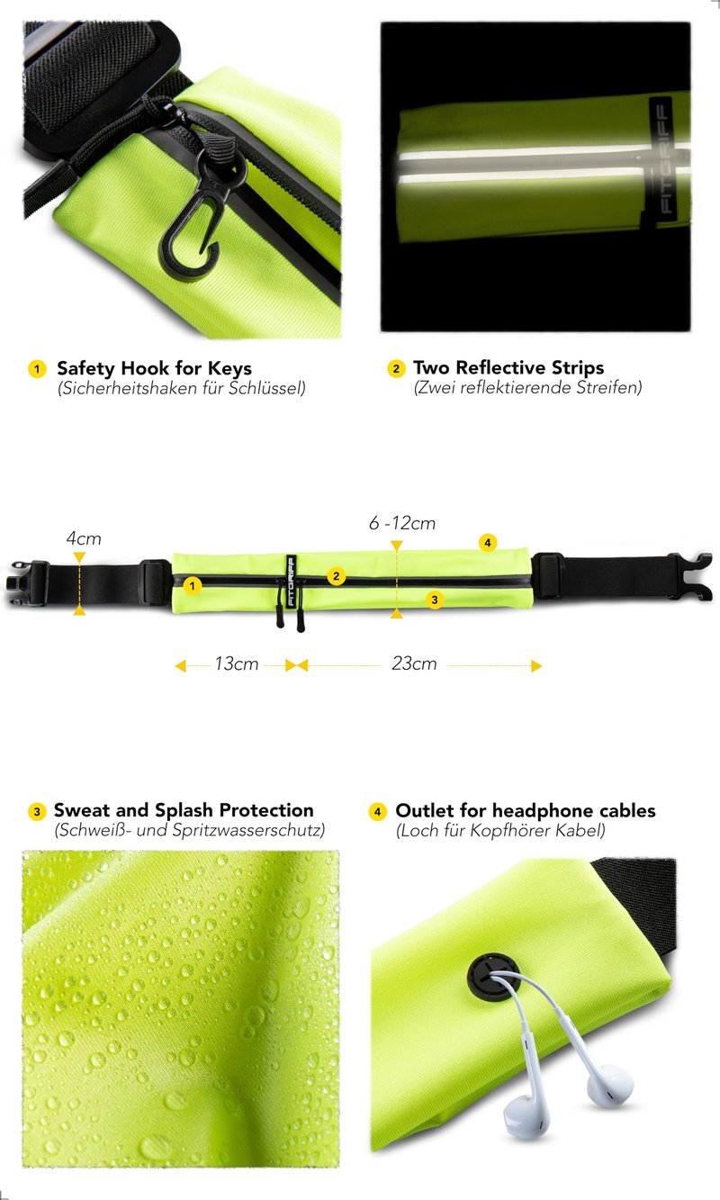 Fitgriff® Running Belt for Men & Women - Secure Jogging Pouch for Phone, Keys & Essentials - For All Cell Phones (Neon Yellow, 33.5" - 47.5" Waist Size)