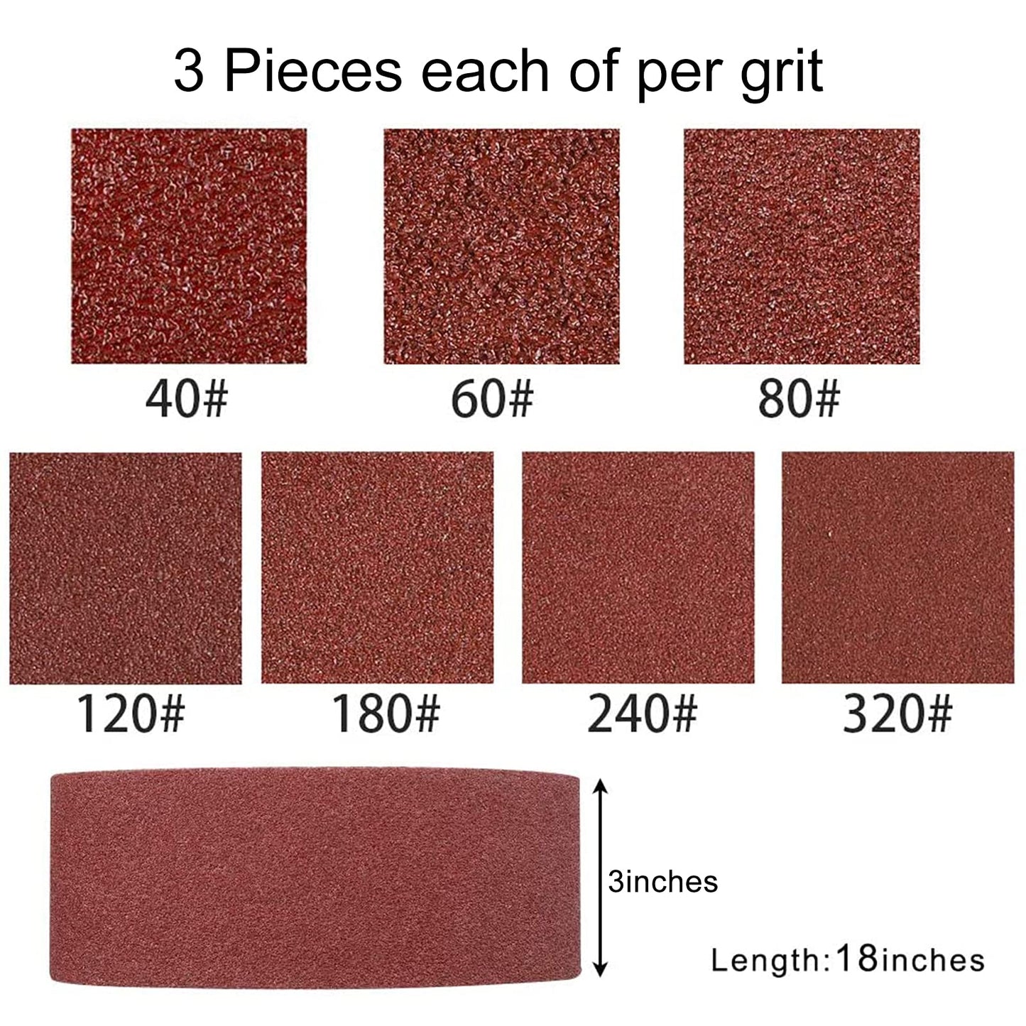 Coceca 3x18 Inch Sanding Belts, 21 Packs Belt Sander Paper Aluminum Oxide Sandpaper (Assorted 3 Each of 40 60 80 120 180 240 320 Grit) for Sander Woodworking
