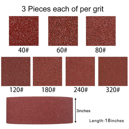 Coceca 3x18 Inch Sanding Belts, 21 Packs Belt Sander Paper Aluminum Oxide Sandpaper (Assorted 3 Each of 40 60 80 120 180 240 320 Grit) for Sander Woodworking