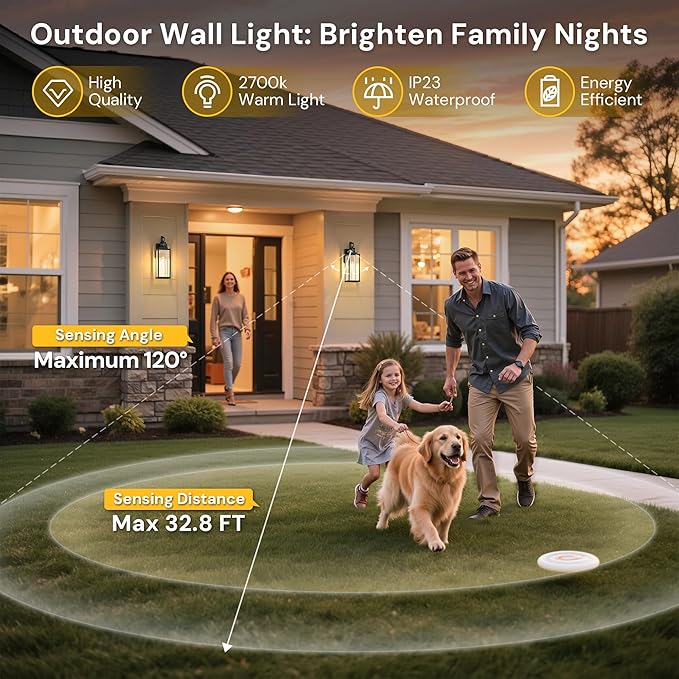 L LOHAS LED Large Size Motion Sensor Outdoor Wall Lights, 18 Inch Black Waterproof Anti-Rust Outdoor Light Fixtures Wall Mount with Clear Glass Shade for Porch, Garage, ETL Listed, 2 Pack