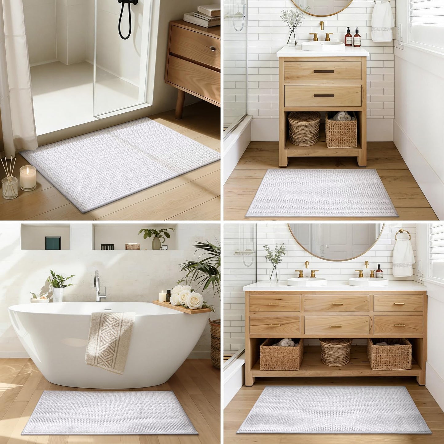 Color&Geometry Rubber Backed Waffle Bath Mat 24x16, Non Slip Water Washable Bathroom Rugs, Soft Absorbent Chenille Boho Carpet for Bathroom Floor, Tub and Shower, White