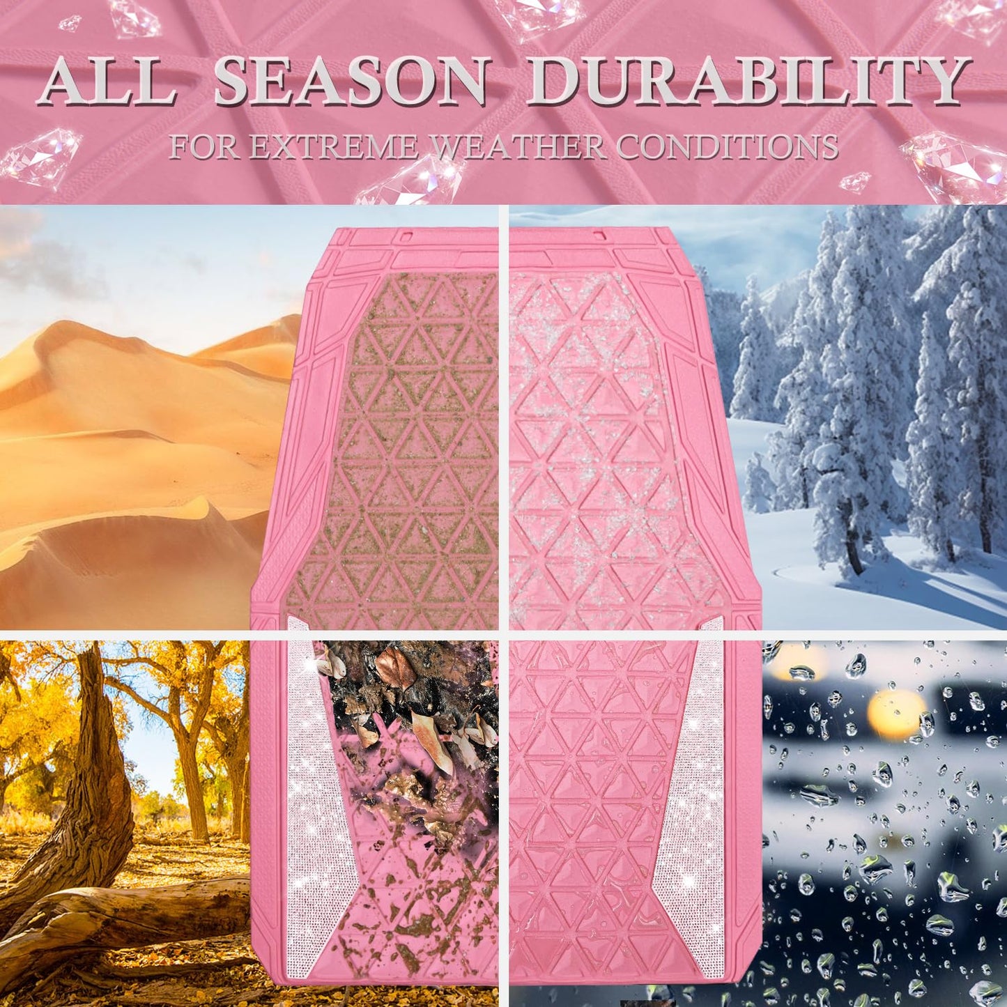 CAR PASS Bling Diamond Car Mats Rubber Floor Mats Full Set Anti-Slip 3D Rhombus Waterproof Trim to Fit Liner Universal Glitter Crystal Sparkly Shining Rhinestone Girl Women SUV Sedan Van, Pink Rubber