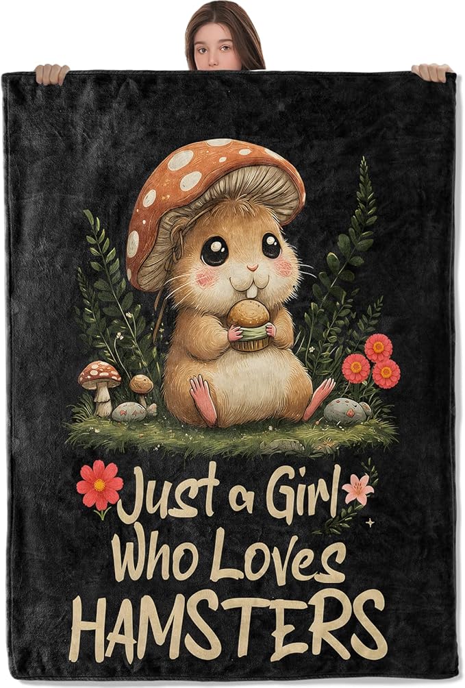 Hamster Mushroom Lightweight Throw Blanket, Whimsical Animal with Forest and Butterfly, Warm Soft Cozy Flannel Blankets, Couch Dorm Home Decor All Season Use, 60x50in, Gifts for Girls Women