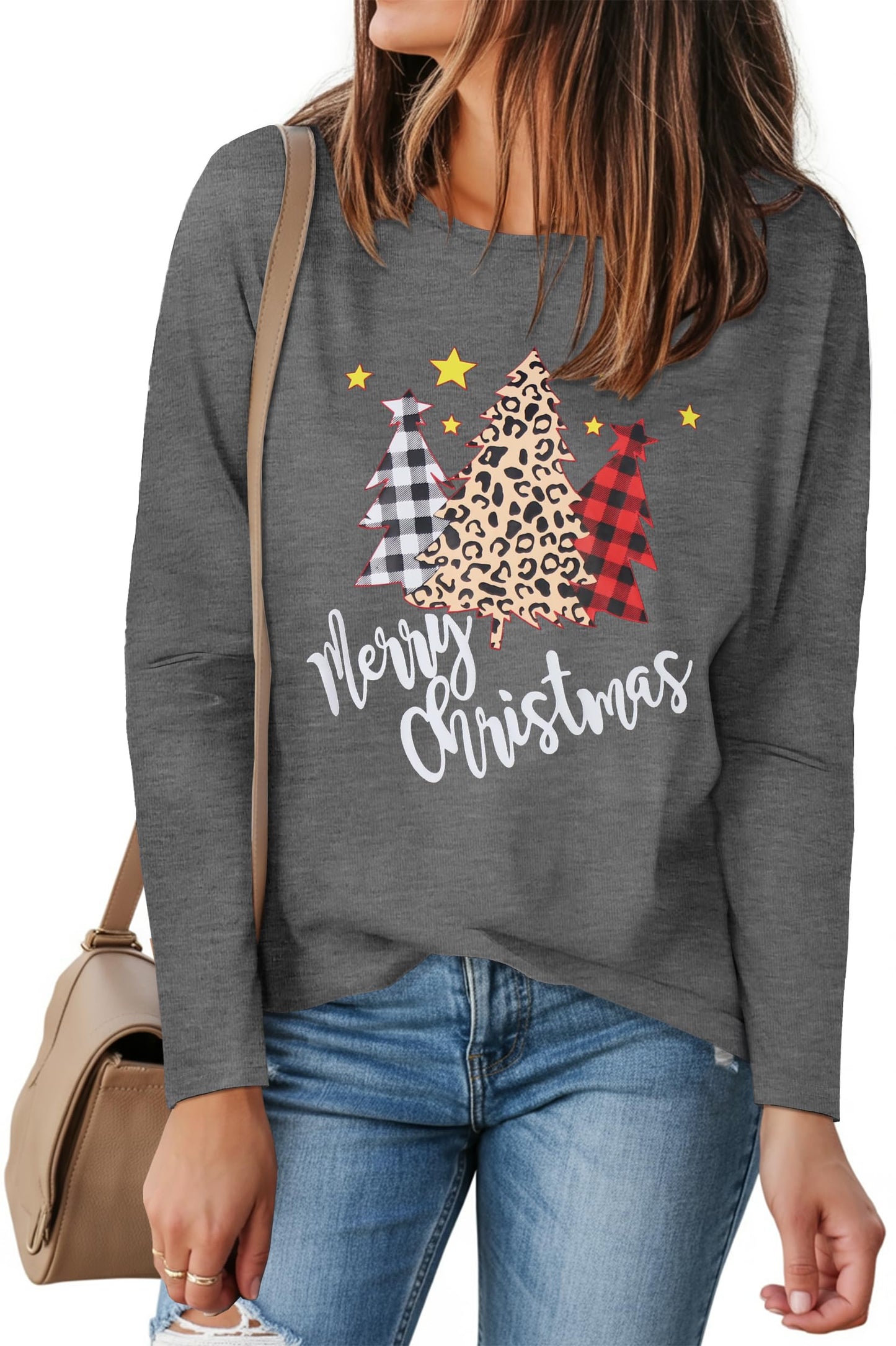 Long Sleeve Shirts for Women Basic Crew Neck Fall Tops Casual Fit T Shirts, Christmas Tree, L