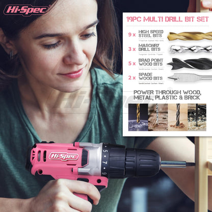 Hi-Spec 81pc Pink 18V Cordless Power Drill Driver Kit for DIY Projects