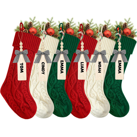18 Inches Personalized Christmas Stockings: 6 Pack Red Ivory Green Knit Christmas Stockings Set with Name Tags Christmas Decor Neutral Xmas Decorations Holiday Farmhouse Indoor Rustic Home Decor