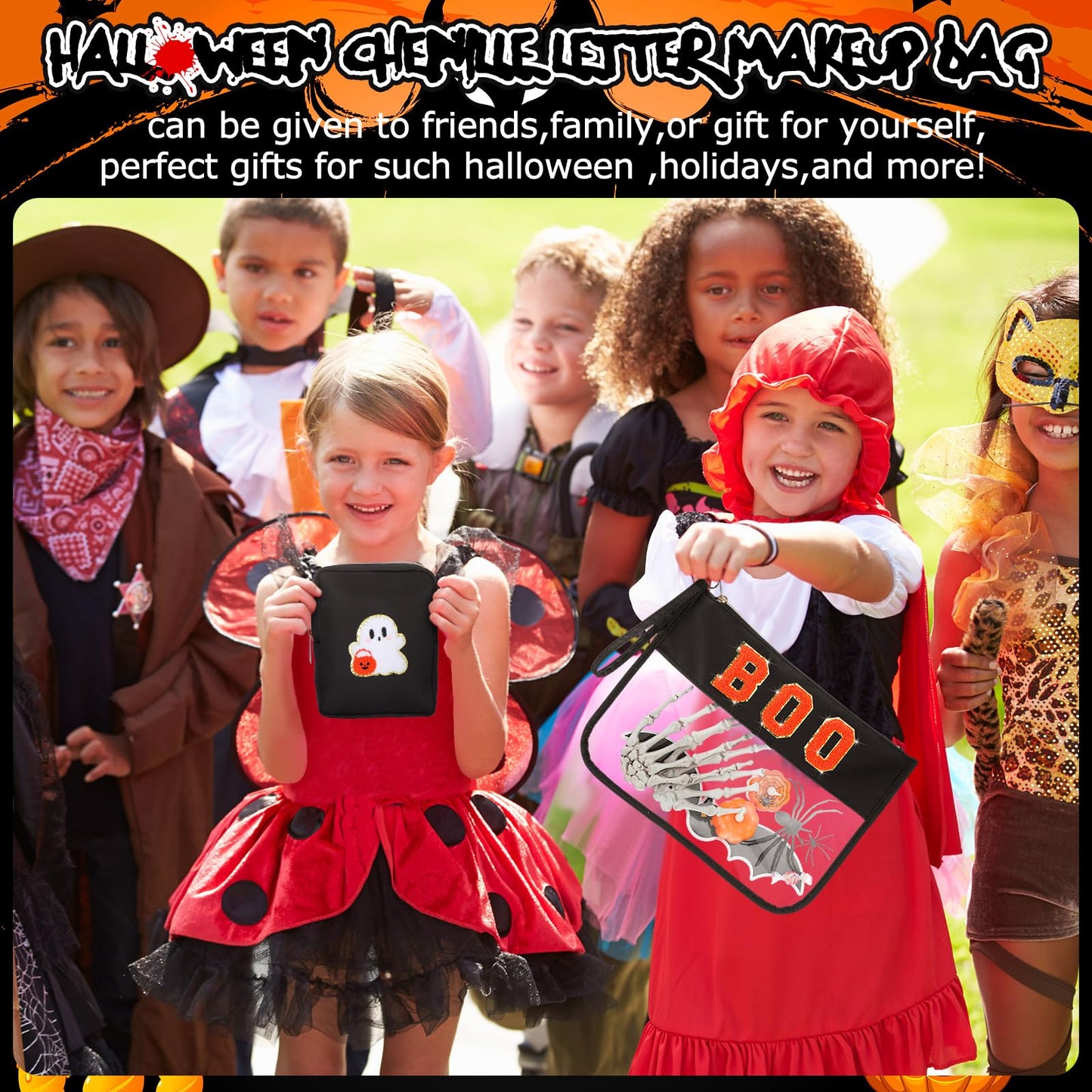 Hillban 2 Pcs Summer Halloween Gifts Chenille Letter Bags Boo Patch Makeup Bag Spooky Pumpkin Flat Clear Pouch PVC Organizer Purse Waterproof Travel Cosmetic Bag Portable Storage Case for Women