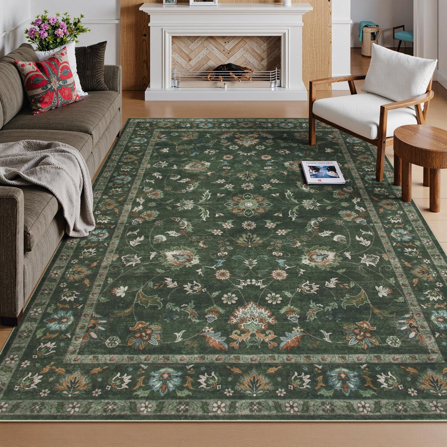Hedlive 6' x 9' Vintage Floral Area Rug, Washable Green Living Room Rug with Non-Slip Backing, No Shedding, Stain Resistant Carpet for Bedroom Dining Room Under Table Home Office Apartment