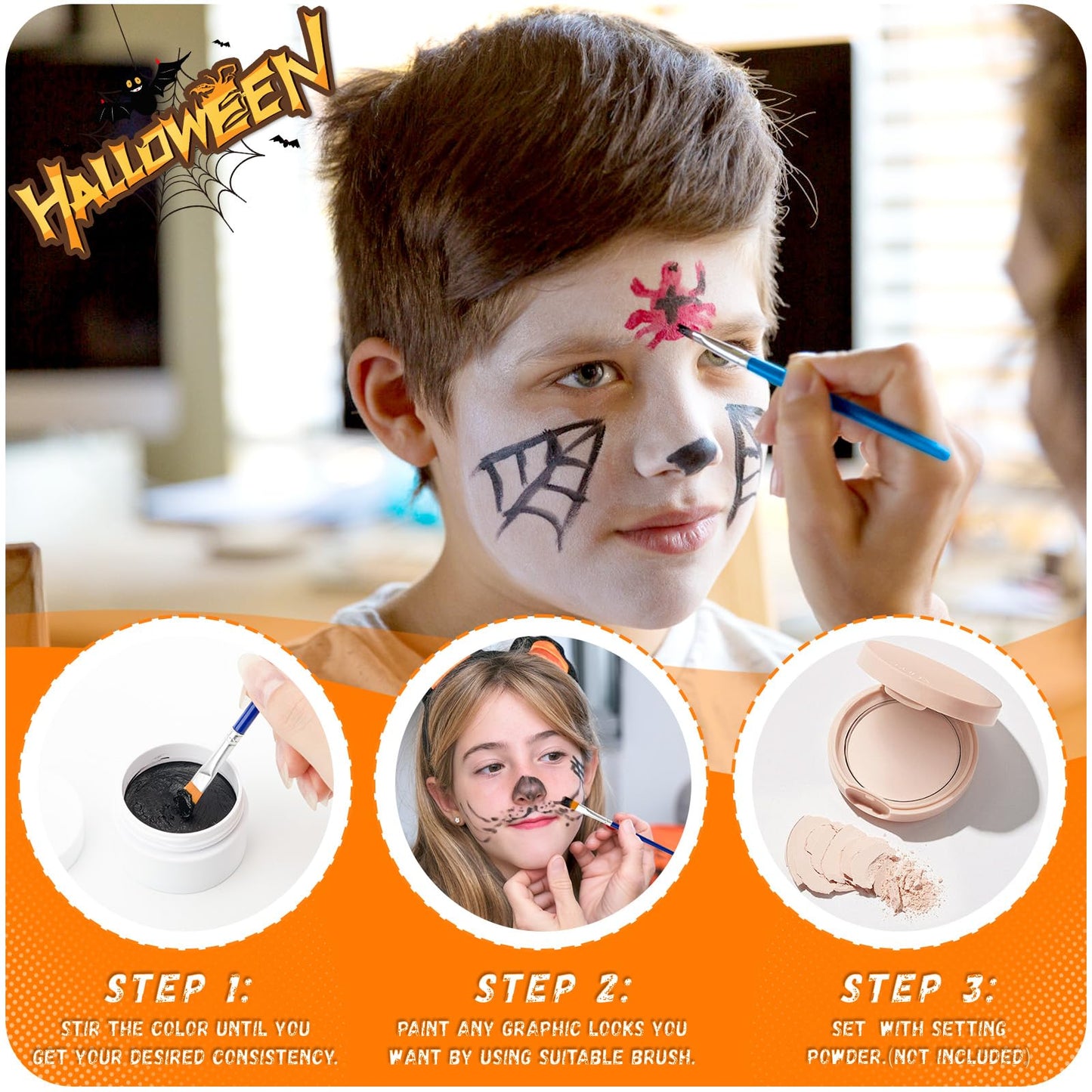 TonJin Black + White + Red Face Body Paint Set 5.28oz,Non-Toxic Professional Paint Palette Kit with 3 Brushes for Kids & Adults Art Theater Halloween Party Cosplay Clown Corpse Paint SFX Makeup