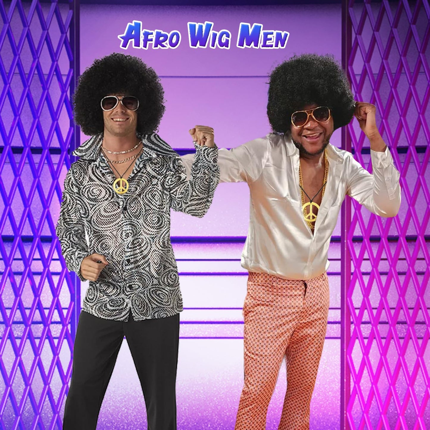 Tereshar 70s Mens Afro Wig for Disco Party, 5pcs Set (Glasses+ Golden Chain+Peace Sign Necklace+ Wig Cap) Black Afro Curly Retro Disco Hippie Wigs for 70s 80s Costume Halloween Cosplay Use