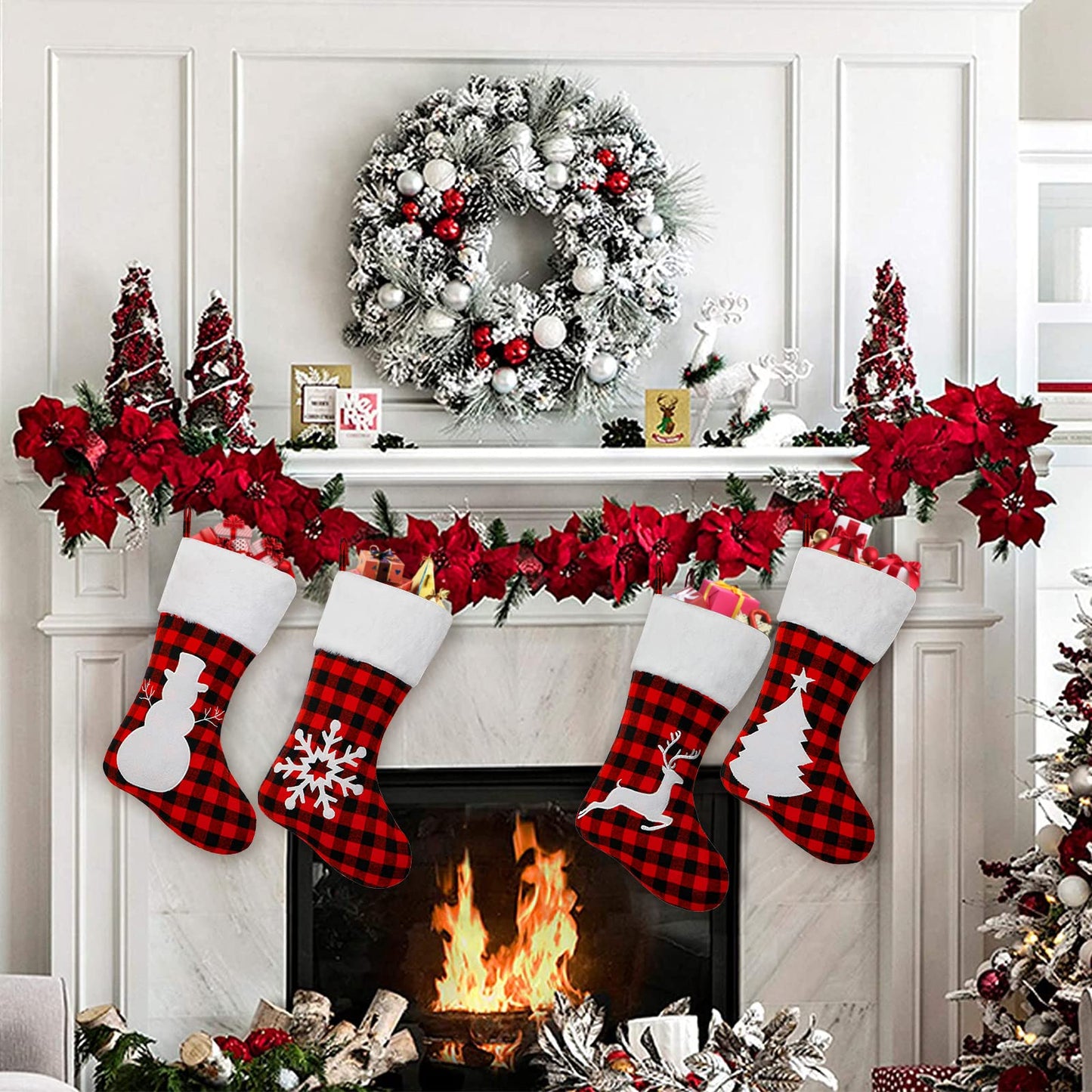 Dremisland 4 Pack Christmas Stockings 18 Inch Large Red Black Buffalo Plaid Christmas Stockings with Plush Faux Fur Cuff,Fireplace Hanging Stockings for Xmas Holiday Party Decor (Red&White)