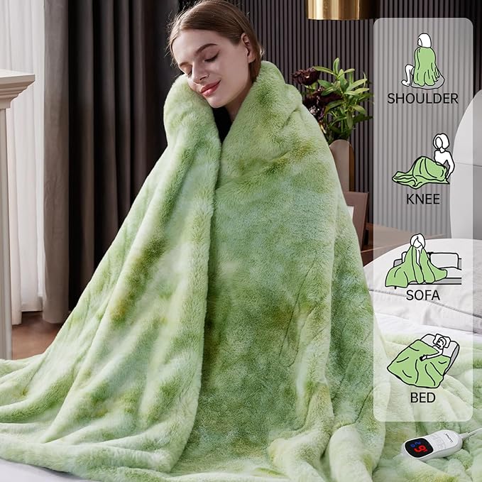 Guohaoi Heated Blanket Electric Throw, Soft Faux Rabbit Fur Electric Blanket with 10 Heating Levels 5 Sitting Timer Auto Off, Cozy Warm Heating Blankets, Machine Washable(84"×90" Light Green)