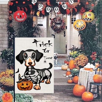 Halloween Trick or Treat Garden Flags 12x18 Double Sided, Ghost Dog Yard Flag for Outside Decor, Holiday Dachshund Skeleton Outdoor Decorations for Home