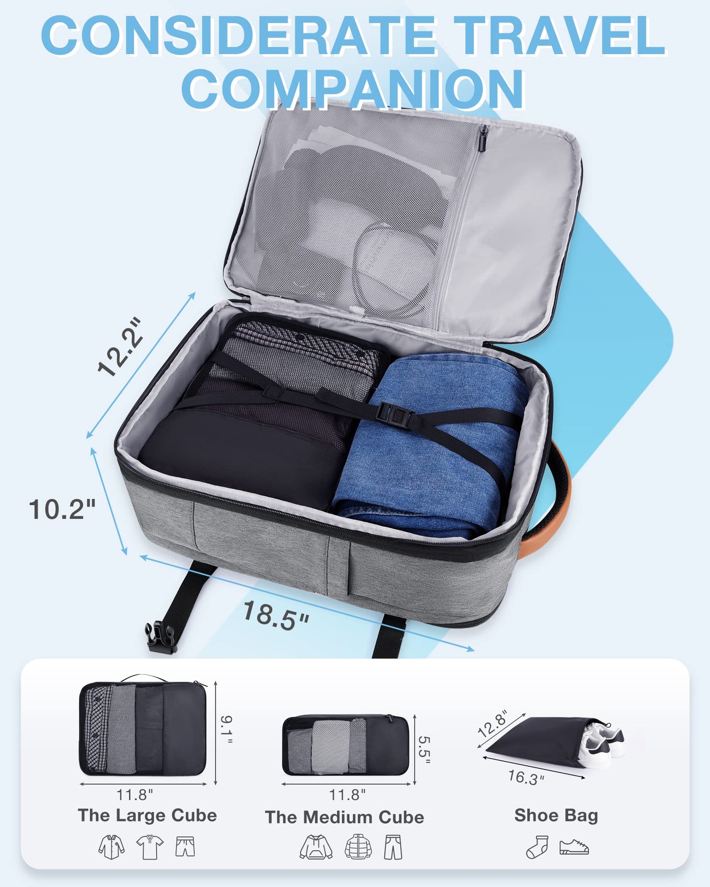 BAGSMART Compression Travel Backpack, 40L Expandable Airline Approved Carry On Backpack with Packing Cubes, Water Resistant Weekender Backpack Fits 17 Inch laptop, Luggage Daypack with Shoe Bag, Grey