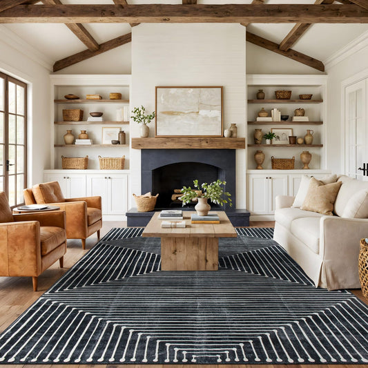 Rugshop Marbella Bohemian Stripes Washable Non Slip Area Rug 9'x12' Black
