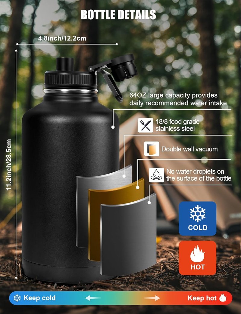 Tactical Half Gallon Water Bottle - 64 Oz Insulated Stainless Steel Jug with Molle Holder & 3 BPA-Free Lids | Black