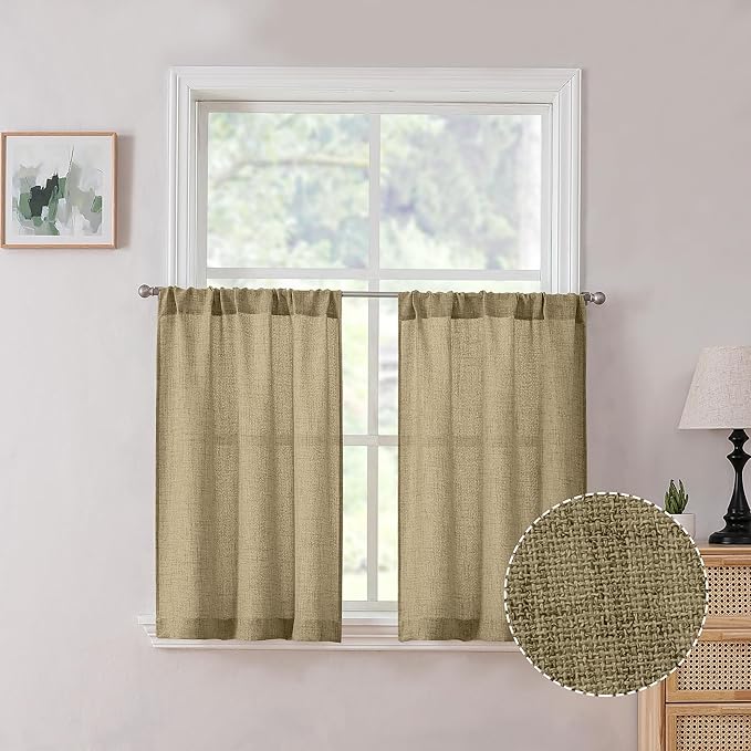Tollpiz Linen Tier Curtains Rod Pocket Semi Sheer Short Kitchen Curtain Half Burlap Light Filtering Thick Linen Drape for Bathroom, 30 x 30 inches Long, Taupe, Set of 2 Panels