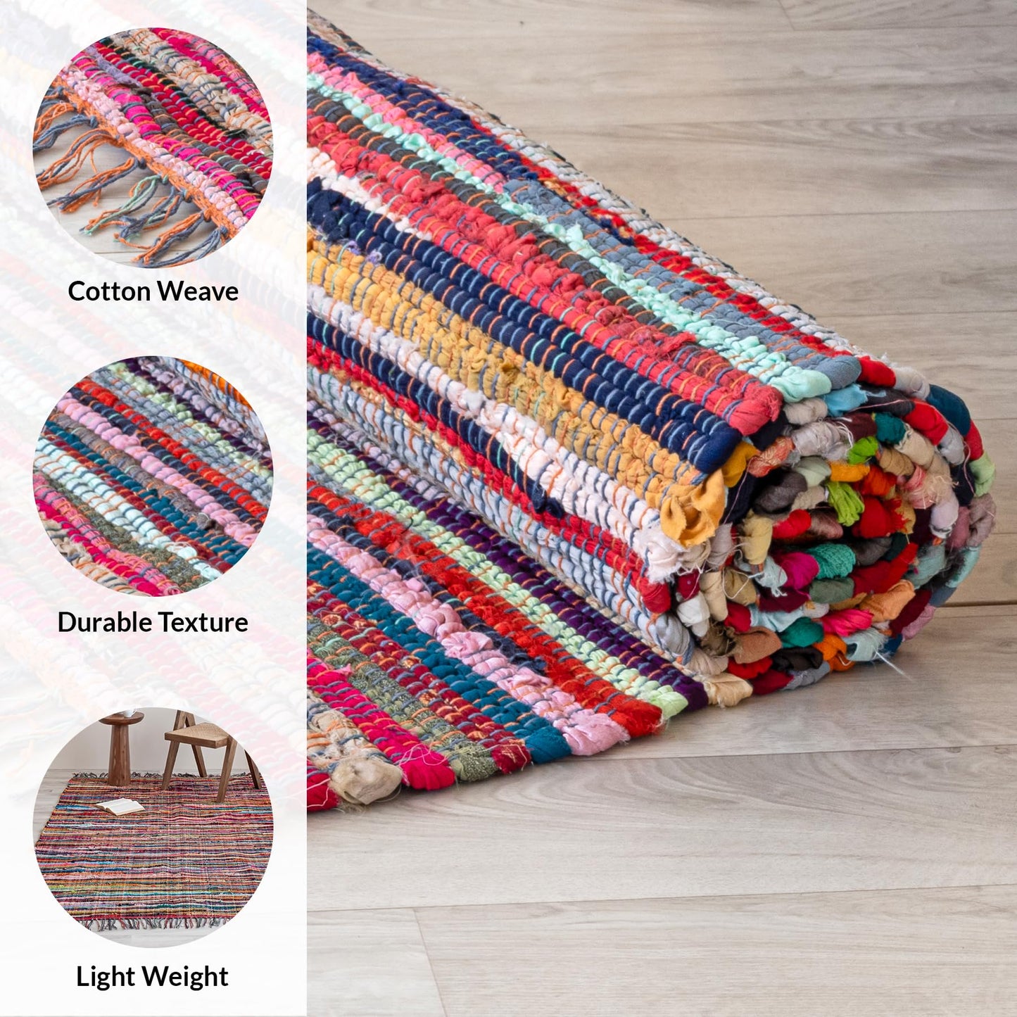 HOMEMONDE Chindi Runner Rug with Tassels 2'x6' Multicolor Recycled Cotton Hand Woven Reversible Boho Rugs for Kitchen, Bedroom, Living Room, Entryway
