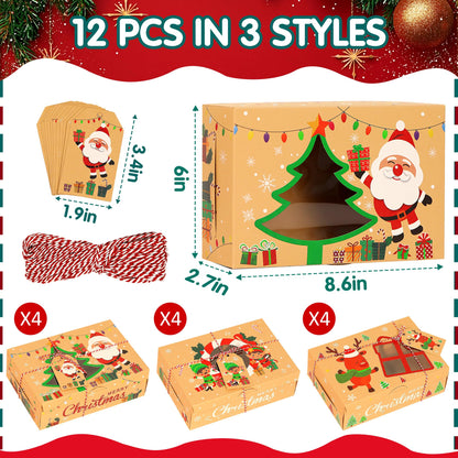 Parma77 12PCS Christmas Cookie Boxes, 8.6" x 5.9" x2.7" Holiday Treat Cookie Tin with Window, Christmas Treat Boxes for Donuts Cupcake Candy Gift Giving